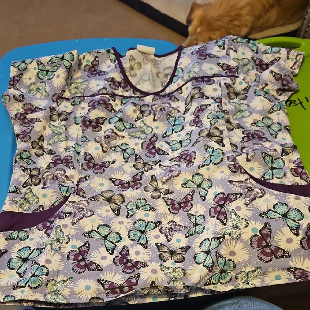 UA Scrubs Butterfly Print Top - Purple and Blue